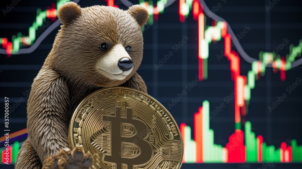 Poster bear with bitcoins against the background of stock charts --no text --ar 16:9 --quality 0.5 job id: 