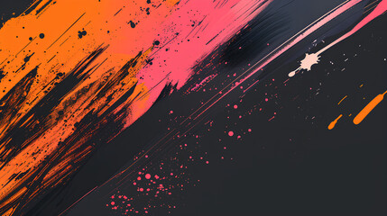 Black background with pink and orange brush strokes, paint splashes, and streaks of color. The design is modern and dynamic, perfect for creating an eye-catching banner or cover 