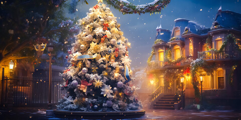 Enchanting Christmas Scene with Decorated Tree and Festive House at Night, Snow Falling, Warm Lights, and Holiday Decorations Creating a Magical Winter Wonderland Atmosphere