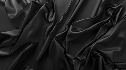Black silk satin fabric background with waves and folds, top view. Abstract dark wavy cloth texture for design, cover or banner, in the style of cloth.