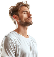 Yoga and meditation concept. Concentrated relaxed man standing meditation on isolated transparent background