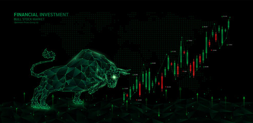 Green bull shapes polygon facing candlestick on black world map. Stock market trends chart growth. Optimism prices going up. Analysis business strategy financial investment. Banner vector EPS10.