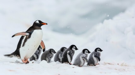 Naklejka premium Line of penguins waddling through snow with fluffy chicks in tow, showcasing communal spirit and charm of wildlife families in winter.