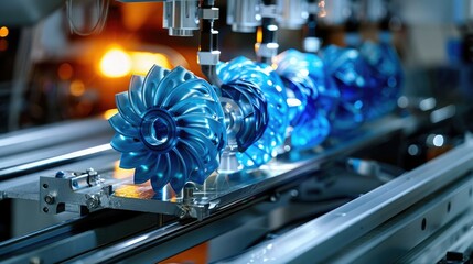 Close-up of a high-tech manufacturing process in a modern industrial facility with blue metallic components being assembled.