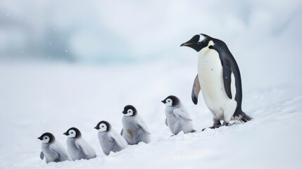 Fototapeta premium Line of penguins waddling through snow with fluffy chicks in tow, showcasing communal spirit and charm of wildlife families in winter.