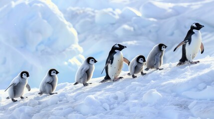 Obraz premium Line of penguins waddling through snow with fluffy chicks in tow, showcasing communal spirit and charm of wildlife families in winter.