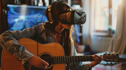 Obraz premium Young Woman in VR Headset Plays Guitar
