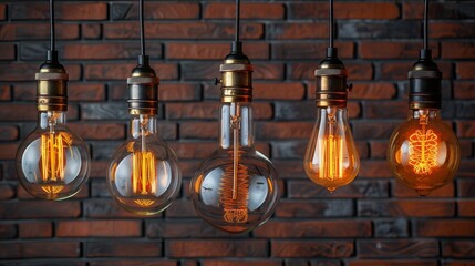 Decorative antique edison style light bulbs against brick wall background