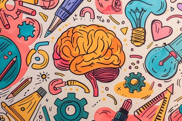 Brain surrounded by colorful doodles of creative ideas like art supplies, gears, and lightbulbs 
