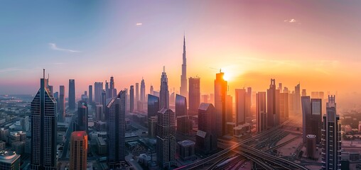 Fototapeta premium Experience the majesty of urban architecture against the backdrop of a setting sun. as skyscrapers stand tall amidst the glowing skyline. serving as an iconic representation of the ceaseless movement 