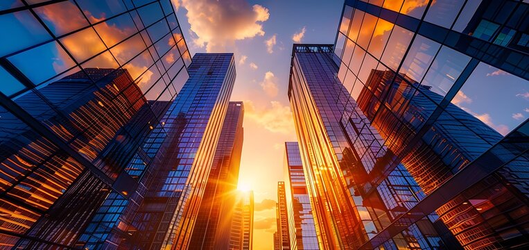 Experience the majesty of urban architecture against the backdrop of a setting sun. as skyscrapers stand tall amidst the glowing skyline. serving as an iconic representation of the ceaseless movement 