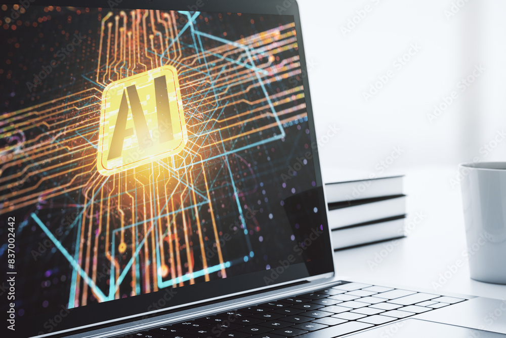 Poster Modern computer monitor with creative artificial Intelligence icon. Neural networks and machine learning concept. 3D Rendering