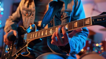Fototapeta premium Close-up of a Guitarist's Hand Playing Electric Guitar