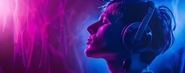 Young man listening to music with headphones in colorful neon light