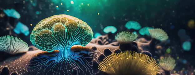 A vivid underwater scene with brain like coral formations glowing in bioluminescent colors. Panorama with copy space.