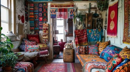 Vibrant Bohemian Living Room with Colorful Textiles and Eclectic Decor
