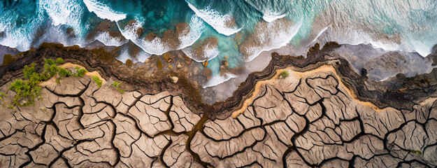 An aerial view of drought-affected soil with deep cracks, transitioning into a coastline with crashing ocean waves. Panorama with copy space.