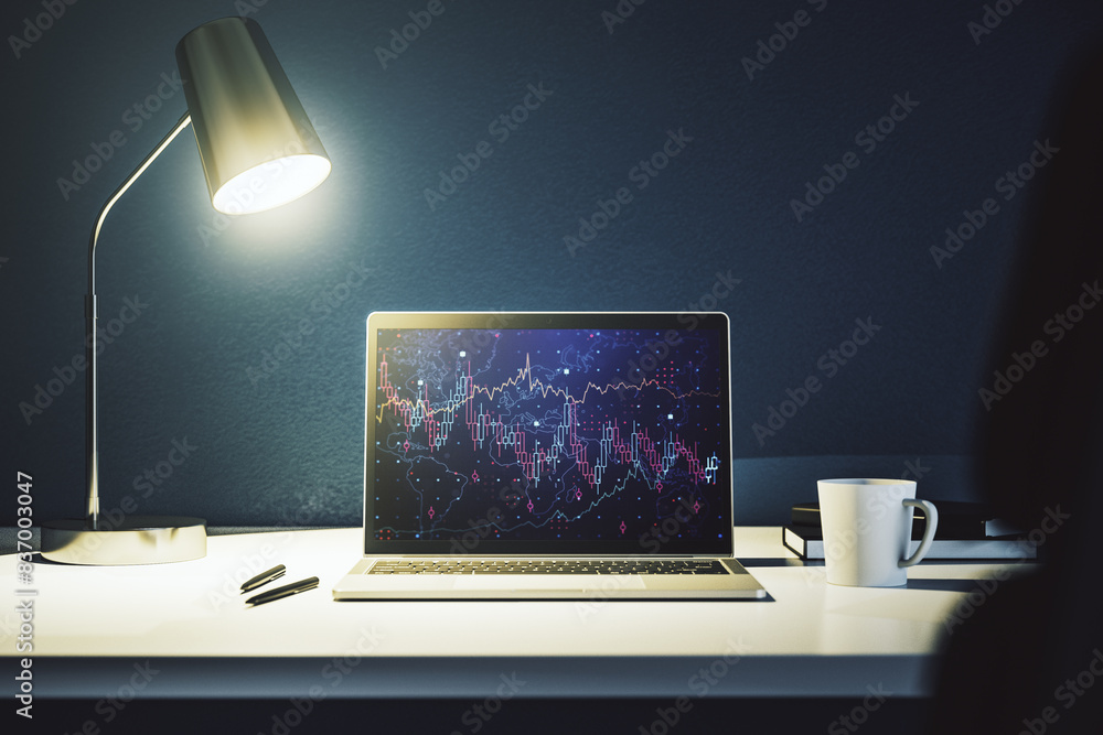 Poster Modern computer display with abstract financial graph, financial and trading concept. 3D Rendering
