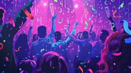 Vibrant Nightclub Party Celebration with Dancing Crowd and Confetti Rain in Neon Lights