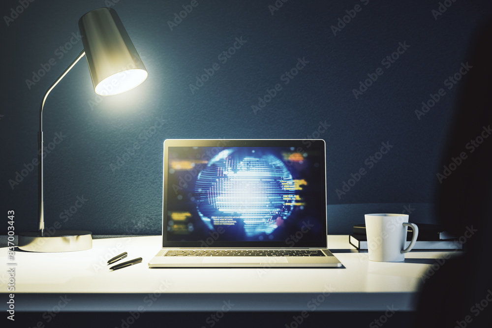 Fototapete modern computer display with abstract software development hologram and world map, global research a