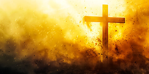 Dramatic Explosion Behind Wooden Cross with Fiery Background Symbolizing Faith, Hope, and Resurrection in a Powerful and Emotional Scene