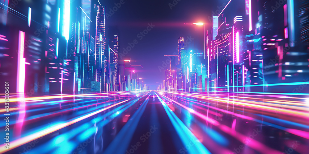 Wall mural Abstract futuristic cityscape with neon lights and digital lines, representing the fastpaced nature of technology in business