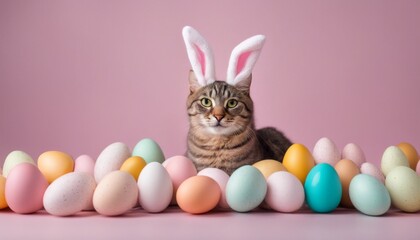 Adorable cat wearing bunny ears sits among colorful Easter eggs background.