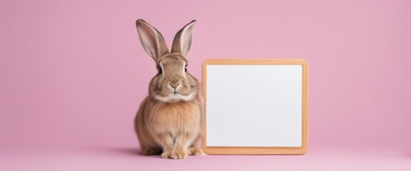 Fototapeta premium Adorable bunny with a blank sign board on a pink background
