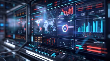 Fototapeta premium The digital realm with a real photo capturing a computer monitor displaying an abstract network monitoring dashboard. alive with real-time data analytics dynamic graphs and system health indicators.