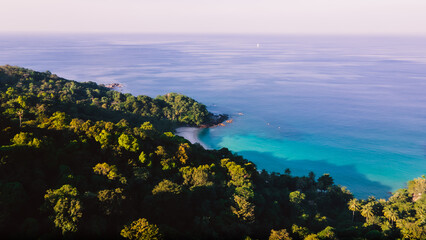 Paradise beach Phuket Patong. aerial top view amazing freedom beach small white sand beach with...