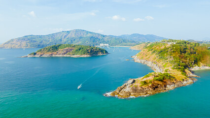 Fototapeta premium Promthep Cape Sunset Viewpoint in the South of Phuket Thailand Take photos from a drone Top 5 popular tourist attractions in Thailand