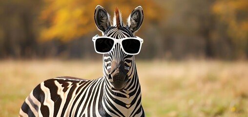 intersection of nature and whimsy as you encounter a zebra adorned in sunglasses, adding a touch of personality and charm to its already striking appearance, capturing a moment of play