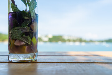 Blue Hawaii fruit juice, healthy fruit in a cafe next to the sea, Sue Flamingo, Ao Yon Beach,...