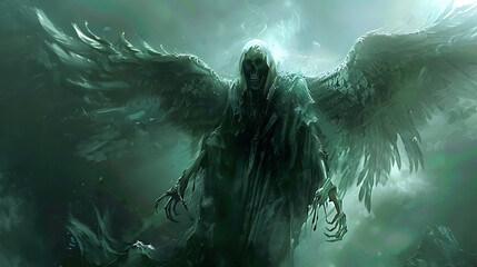 Mysterious Dark Angel with Outstretched Wings in Ethereal Misty Environment - Fantasy Art Depicting a Grim Reaper Figure with a Haunting Presence and Detailed Feathered Wings