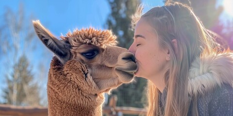 A Llama of Love: Finding True Companionship in the Most Unexpected Places. This whimsical image captures a woman's deep affection for her unique pet, a llama, highlighting the unconventional bonds tha