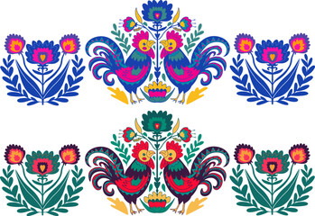 Polish folk art embroidery ornament with cocks - traditional folk floral. Vector illustration