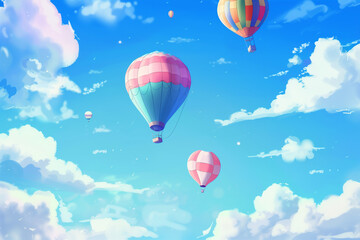 Fototapeta premium Colorful hot air balloons flying in the sky, vector illustration 