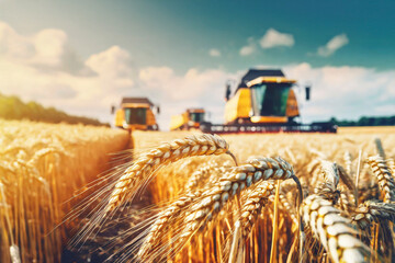 combine harvesters working on golden wheat field