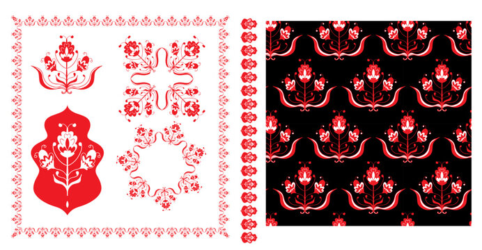 Polish folk art seamless embroidery pattern with flower. Red floral embroidery ornament traditional folk seamless pattern. Vector set 