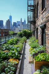 Fototapeta premium Urban rooftop garden with a variety of plants and vegetables