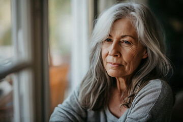Fototapeta premium A woman with gray hair is sitting in a room with a window