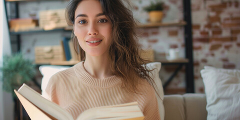 A cheerful young woman enjoys studying at home, immersed in a book, pursuing knowledge happily