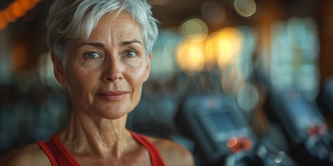 A mature woman enjoys a healthy lifestyle at the gym, utilizing equipment for physical exercise
