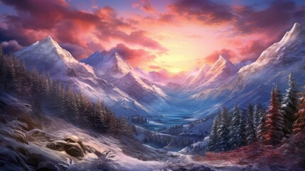 Majestic sunrise in the winter mountains landscape