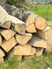 Troncos de madera cortados con sierra apilada