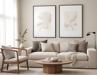 Frame mockup, ISO A paper size. Living room poster mockup. Modern interior design. Living room Interior mockup with house background. 3D render
