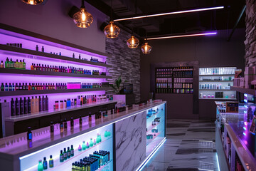 Vape shop, disposable electronic cigarettes, shelf with glass showcase with led light; small dark interior vapor shop. 