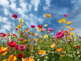 Obraz premium Vibrant Field of Colorful Blooming Flowers Under a Bright Blue Sky with Fluffy Clouds