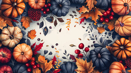Colorful autumnal design featuring harvest fruits, pumpkins, and cozy fall elements