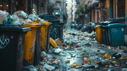 City street littered with garbage and overflowing trash bins, highlighting urban pollution
